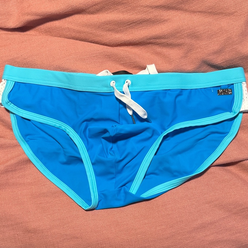 Andrew Christian Aqua and White Swim Trunks